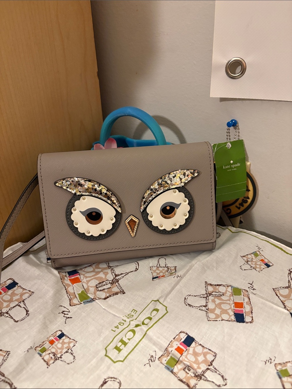 kate spade taupe owl appliqué crossbody with sequin brows